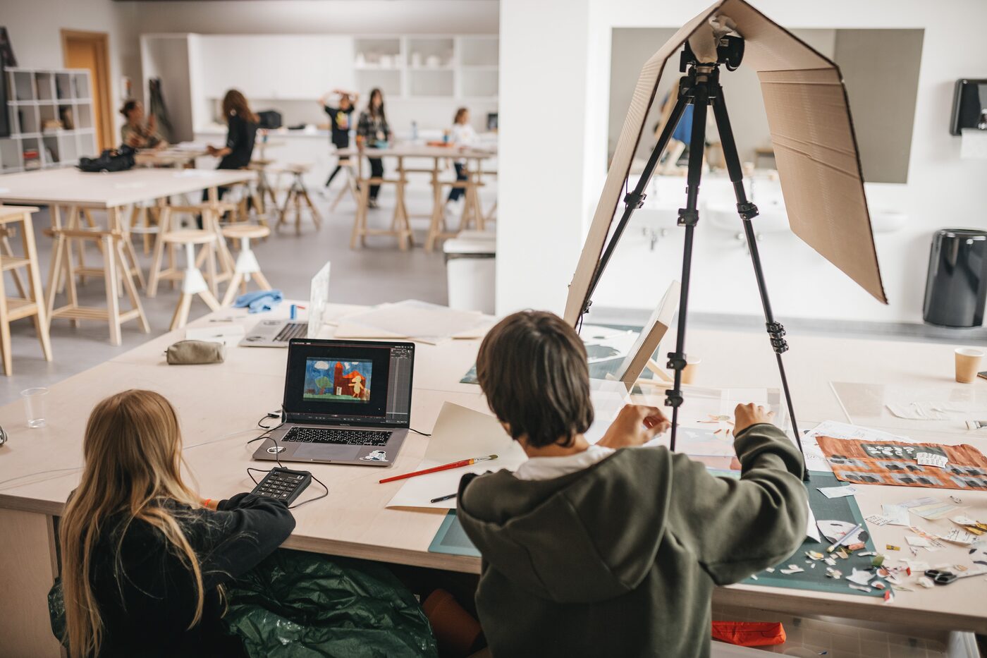 Close-up of a stop-motion animation rig filming artwork, Animation Studio, Exupery Camp