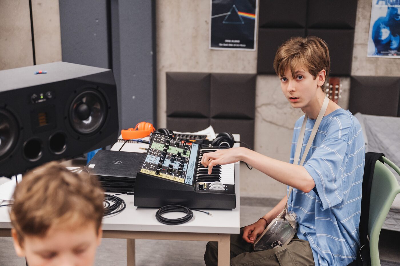 Campers rehearsing on synths and instruments, Music Studio, Exupery Camp